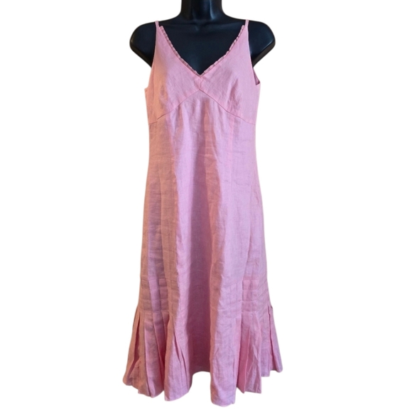 Ann Taylor Dresses & Skirts - Ann Taylor Pretty Pink V- Neck Linen Dress Adorable Pleats Vacation Cruise Date